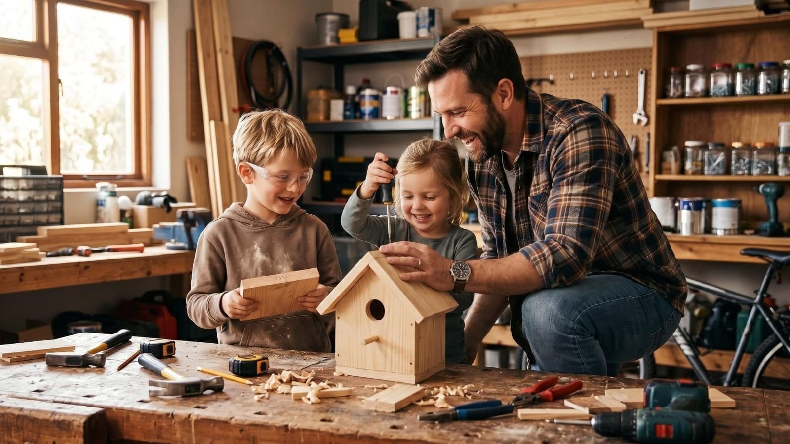 Father's Day Gift Inspiration: Dad and Kids Building a Birdhouse Together
