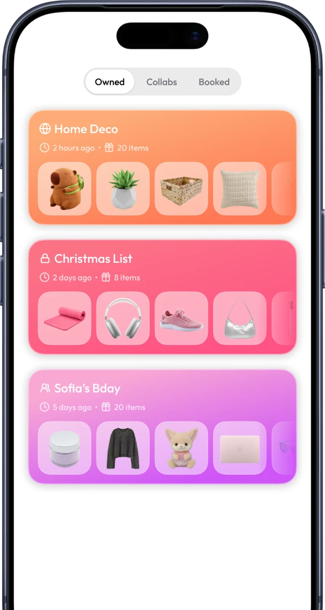 The WishGrid app showing wishlists with saved items